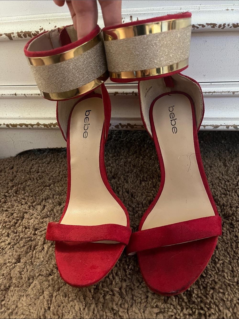 bebe Red Suede Open-Toe Heels with Gold Glitter Cuff